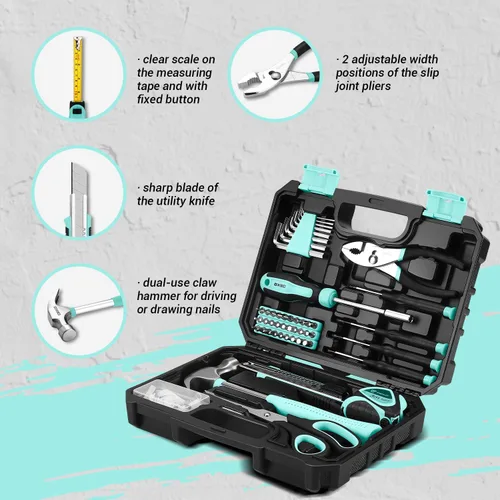 Vista 4 de DEKOPRO Kit de herramientas manuales generales para el hogar de 50 piezas con caja de herramientas de plástico, kit de herramientas multiusos