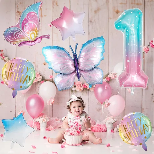 Vista 3 de Decoraciones de cumpleaños de mariposa, globos de mariposa, decoraciones de fiesta de primer cumpleaños para niñas, números de fantasía, 1 globo