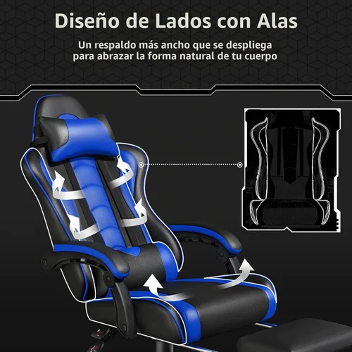 Vista 7 de Yaheetech Silla Gaming con reposapiés Masaje Almohada Lumbar Negro y Azul