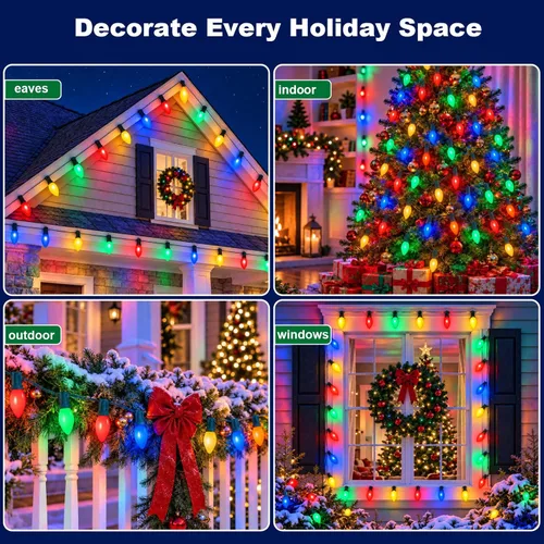 Vista 7 de Paquete de 25 bombillas de repuesto C9 multicolor, bombillas de Navidad C9 de 7 W con base intermedia E17, bombillas incandescentes para luces