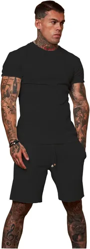 Vista 3 de Redqenting Conjunto de pantalones cortos casuales para hombre, 2 piezas, conjuntos de pantalones deportivos de verano a juego de camisa y pantalones