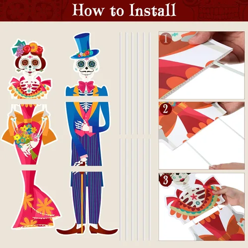 Vista 3 de Namalu Paquete de 2 carteles de Día de los Muertos para patio al aire libre, decoraciones de césped con calavera de azúcar con estacas para fiesta