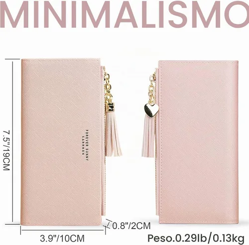 Vista 6 de Sumgogo - Cartera delgada para mujer, cartera larga con borlas, cierre zipper, monedero, bolso de mano, estuche para tarjetas, Rosa, Minimalista