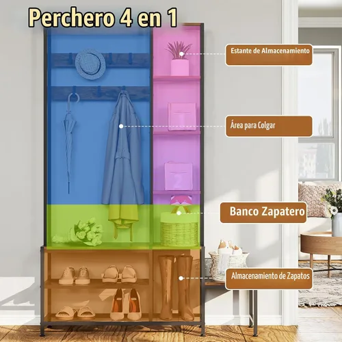 Vista 6 de Árbol de pasillo con banco de almacenamiento de zapatos, perchero con 7