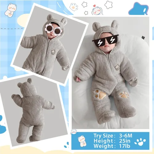 Vista 6 de Fairy Baby Traje de nieve para bebé recién nacido, con oso y mameluco de forro polar grueso, abrigo infantil para niñas y niños de 0 a 12 meses