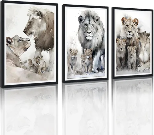Vista 39 de 3 piezas modernas de lienzo de león de animales salvajes, pinturas de retratos de familia de leones, decoración de pared, obras de arte de sala