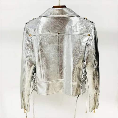 Vista 3 de Chaqueta de cuero plateado de metal para mujer, con cremallera, ropa de abrigo para moto