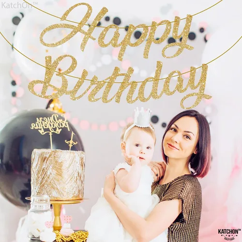 Vista 4 de KatchOn, Cartel de feliz cumpleaños cursivo dorado con purpurina – pre-encordado, 10 pies Decoraciones de cumpleaños para mujeres, hombres y niñas