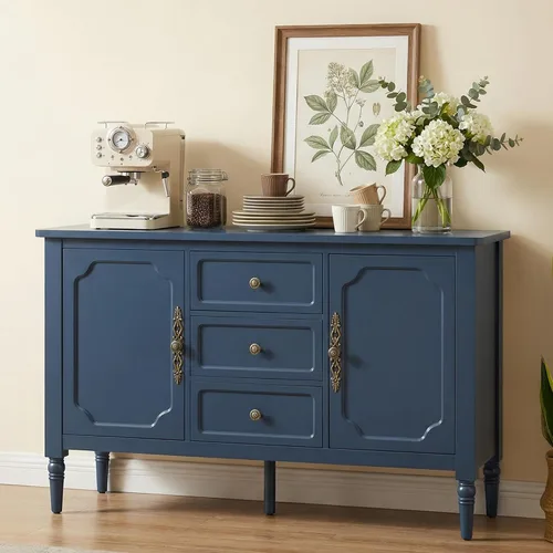 Vista 11 de RoyalCraft Armario buffet con almacenamiento, aparador moderno de mediados de siglo con 3 puertas, mesa de café pintada con estantes ajustables