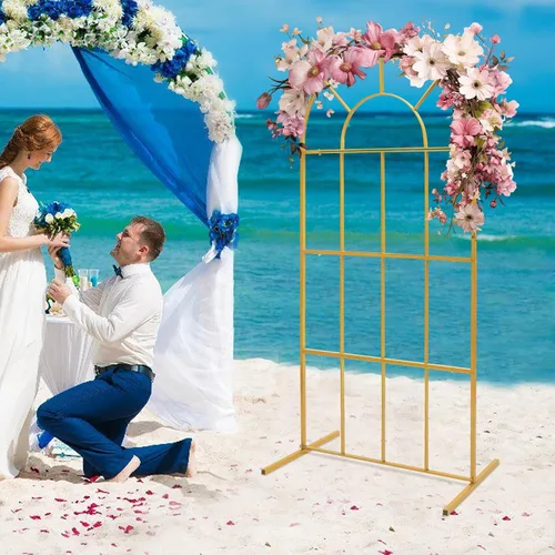 Vista 6 de Soporte de fondo de arco de boda, soporte de fondo de metal dorado de 3.3 x 6.6 pies, cenadores de jardín de metal, soporte de arco de globo