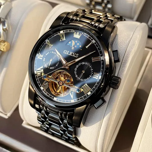 Vista 3 de OLEVS Reloj mecánico automático para hombre, vestido de lujo, impermeable, cuerda automática, cronógrafo de fase lunar, acero inoxidable, fecha