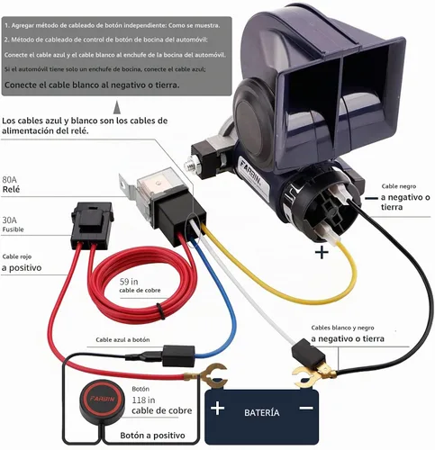 Vista 5 de FARBIN Bocina de aire para bocina de tren de coche para camiones, kit de bocina de coche ruidosa con botón Compact, blue, 12V 150dB loud, with