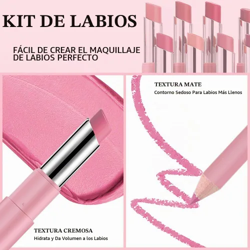 Vista 3 de Juego de 6 delineadores de labios y lápiz labial, color rosa claro, morado claro, mate, kit de labios con delineador de labios, larga duración