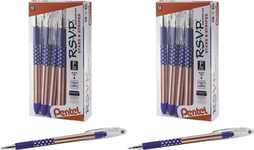 Vista 2 de Pentel RSVP - Bolígrafo de línea fina, (0.028 in), barril de bandera, tinta negra, paquete de 12 (BK90USA-A)