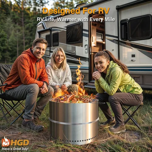 Vista 5 de HGD Chimenea sin humo de 20 pulgadas con parrilla, hoguera portátil de leña para acampar y patio trasero, chimenea de acero inoxidable al aire libre