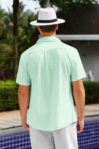 Vista 3 de Makkrom Camisa guayabera de manga corta para hombre, con solapa, con botones, para campamento cubano