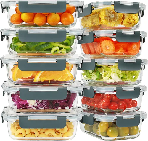 Vista 8 de Contenedores de preparación de comidas, 2 compartimentos con cuencos de vidrio con tapas, recipientes de almacenamiento de alimentos, recipientes