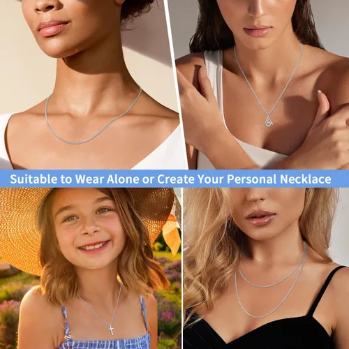 Vista 5 de Jewlpire Collar de cadena de plata de ley 925 de oro italiano sólido de 0.039 in para mujeres y niñas, cadena de caja italiana brillante, resistente