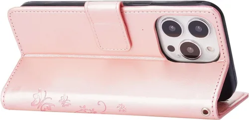 Vista 3 de Funda con tapa compatible con iPhone 15 Pro Max, funda tipo cartera de piel sintética, funda de silicona con estampado floral de mariposa