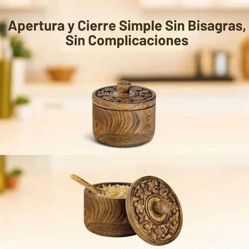 Vista 7 de Mie Creations Salero Rústico con Tapa Tallada a Mano y Cuchara, Cuencos de Madera para Pellizcar Sal Recipiente de Madera para Sal y Pimienta