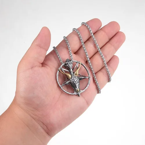 Vista 5 de Collar del templo satánico con cabeza de cabra, pentagrama invertido, pentáculo de acero inoxidable, collar de baphomet con dije, cadena de regalos