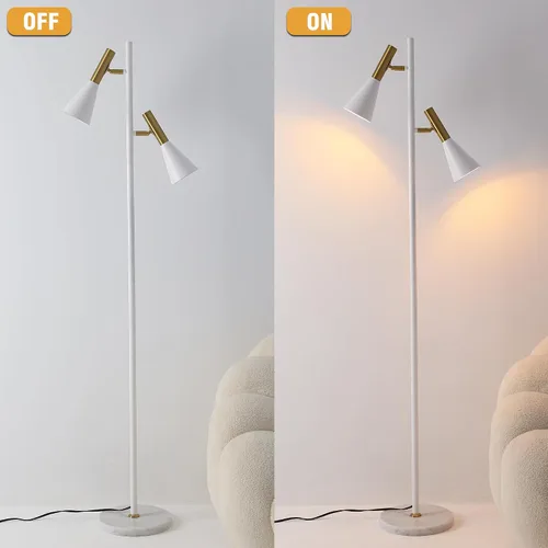 Vista 5 de Elegante lámpara de pie moderna con 2 cabezales ajustables, lámparas de pie blancas y doradas con base de mármol, luz vertical de poste alto