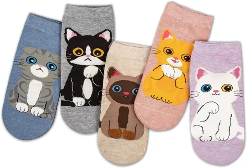 Vista 11 de Justay 5 pares de calcetines de gato - lindos calcetines de algodón de novedad divertidos con diseño de animales para tobillo para mujer, regalos