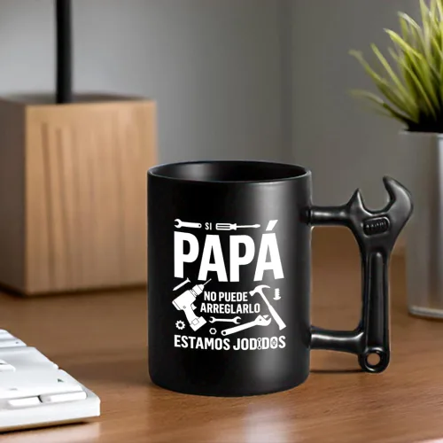 Vista 5 de LOZACHE Taza genial para papá - Si papá no puede arreglarlo... - Regalo original del día del padre - 350 ml - Taza negra con asa en forma de llave