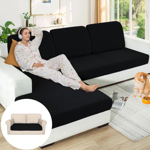 Vista 78 de YEMYHOM Funda de cojín para sofá, funda de cojín de asiento de alta elasticidad, tela jacquard geométrica de felpa, protector de sofá antideslizante
