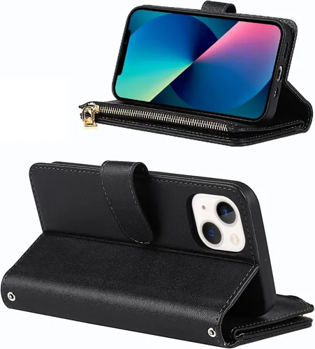 Vista 3 de Funda Cartera para iPhone 13/14 con Tarjetero, Funda Cruzada con Correa para el Hombro, Bolsillo con Cremallera Cartera de Cuero PU para iPhone 13