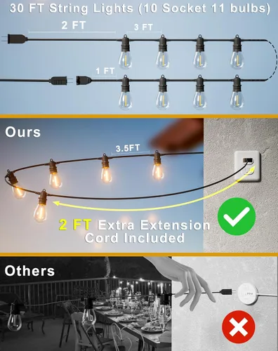 Vista 2 de Guirnalda de luces LED para exteriores de 30 pies con 10+1 bombillas Edison inastillables IP65, impermeables, regulables de 2700 K, luces de patio