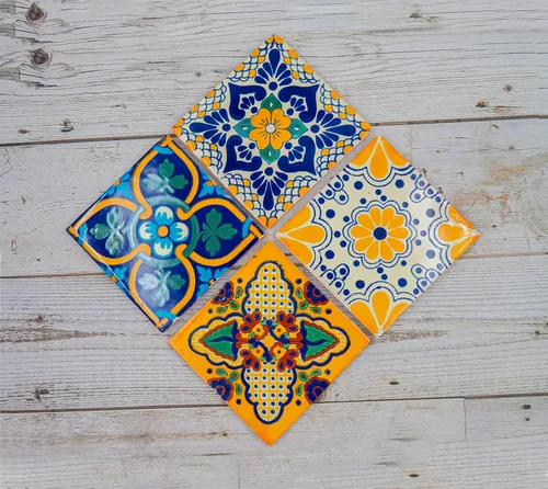 Vista 4 de Azulejo mexicano Talavera español, arte mediterráneo, colorido mosaico de cerámica pintado a mano de 4 x 4 pulgadas para baño, pared, espejo, Multi1