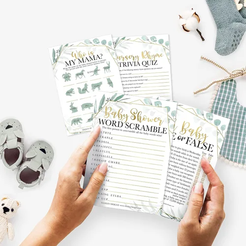 Vista 2 de Hadley Designs 25 palabras verdes Scramble para baby shower, 25 juegos verdaderos o falsos, 25 juegos de animales para bebés, 25 juegos de rimas