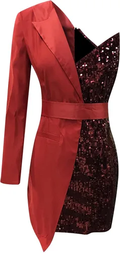 Vista 4 de BONIXOOM Vestido de fiesta sexy de lentejuelas para mujer con hombros descubiertos mini vestido de noche de manga larga con retazos