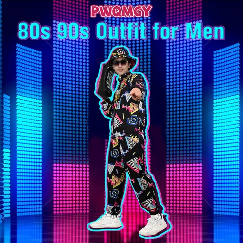 Vista 5 de Traje retro de los años 80 y 90 para hombre, 8 piezas, disfraz vintage de Halloween de los 80 para hombre, conjunto deportivo con accesorios