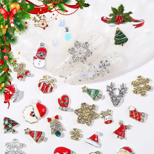 Vista 4 de 20 dijes de uñas de Navidad, copos de nieve 3D, muñeco de nieve, Papá Noel, alce, ciervo, para uñas acrílicas, invierno, Navidad, lindas gemas