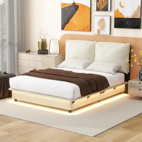 Vista 25 de Cama de plataforma flotante, marco de cama de madera tamaño individual con rayas claras, tela de lino suave y cabecera de diseño capitoné