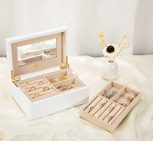 Vista 8 de Voova Joyero organizador de madera para mujeres y adolescentes y niñas, estuche de joyería de madera de pintura de piano de lujo con espejo, cajas