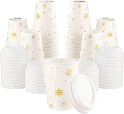 Vista 11 de Harvest Pack - Juego de 100 tazas de café desechables de Navidad de 12 onzas con tapas, tazas de papel caliente aisladas con copos de nieve blancos