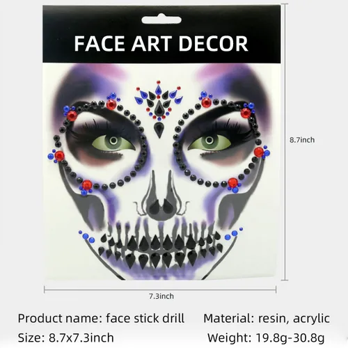 Vista 6 de Joyas para la cara de Halloween, gemas tatuajes, tatuajes temporales negros, diamantes de imitación azules, cara de calavera falsa, tatuaje falso