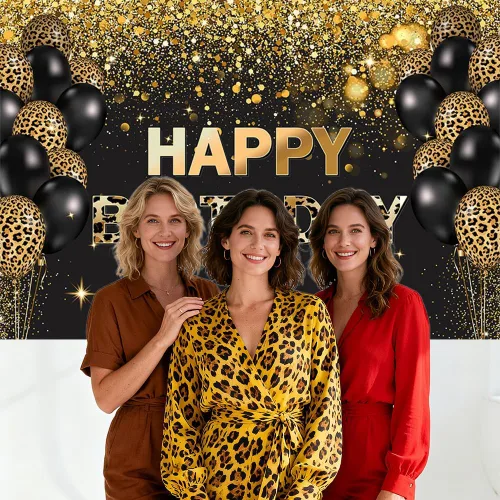 Vista 4 de Telón de fondo de feliz cumpleaños de 7 x 5 pies, lentejuelas doradas, globos de leopardo negro con purpurina, fondo para fotos, decoración