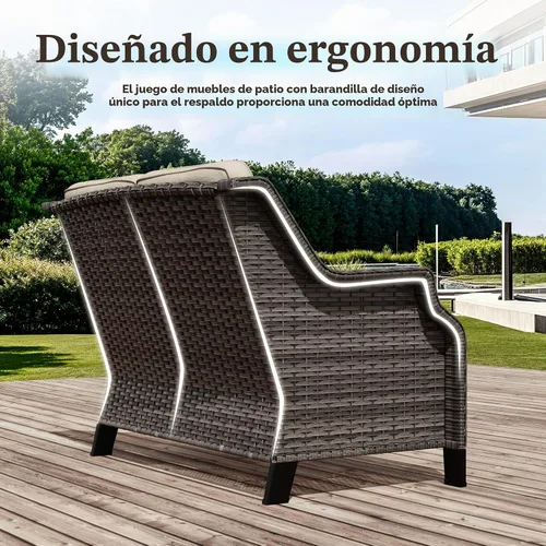 Vista 4 de Sofá biplaza para patio al aire libre, sofá biplaza de mimbre de 2 plazas para todo tipo de clima con cojines, sofá biplaza de patio al aire libre