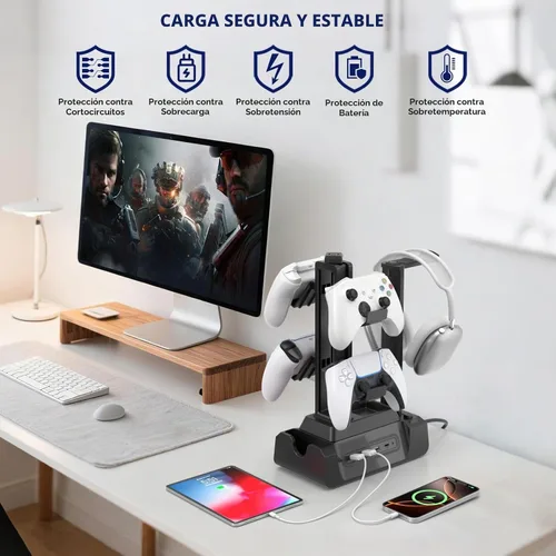 Vista 5 de KDD Estación de carga para múltiples dispositivos - Base de carga de 4 puertos con controlador y soporte para auriculares - 3 USB A y 1 USB C