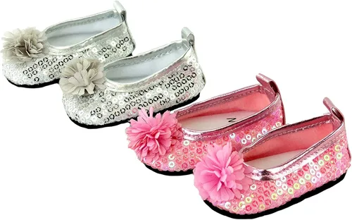 Vista 3 de American Fashion World Zapatos planos con lazo de diamante metálico rosa intenso, lavanda y verde azulado para muñecas de 14 pulgadas, paquete de 3