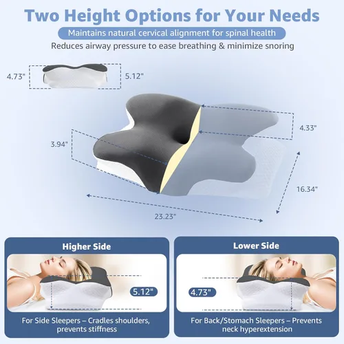 Vista 6 de Almohada cervical para aliviar el dolor de cuello, almohada ergonómica de espuma viscoelástica con 2 fundas de almohada, soporte ortopédico