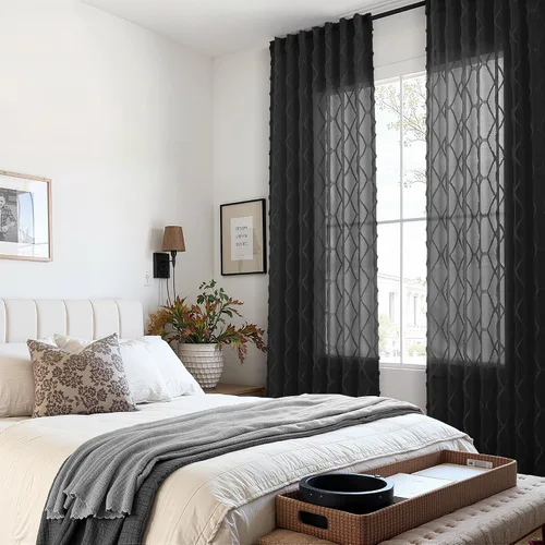 Vista 7 de Cortinas transparentes negras Hokibero de 96 pulgadas de largo, juego de 2 paneles con pestaña trasera, filtro de luz, cortinas