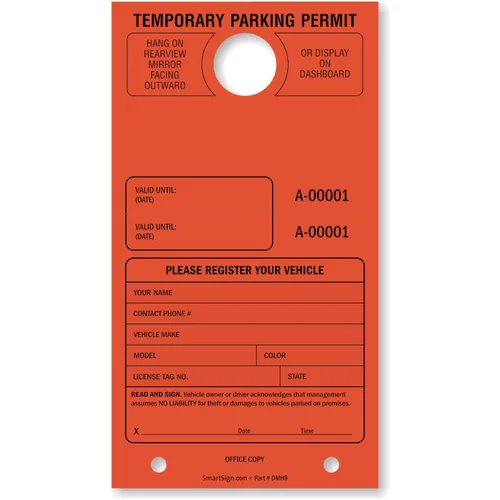 Vista 11 de SmartSign Etiqueta colgante de espejo "Permiso de estacionamiento temporal" Paquete de 50 Verde fluorescente Cartulina de 7.75 x 4.25 pulgadas