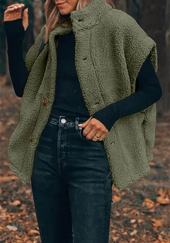 Vista 28 de Hongqizo - Chaleco de forro polar mullido para mujer, casual, de gran tamaño, cálido, con botones, chaqueta de sherpa con bolsillos