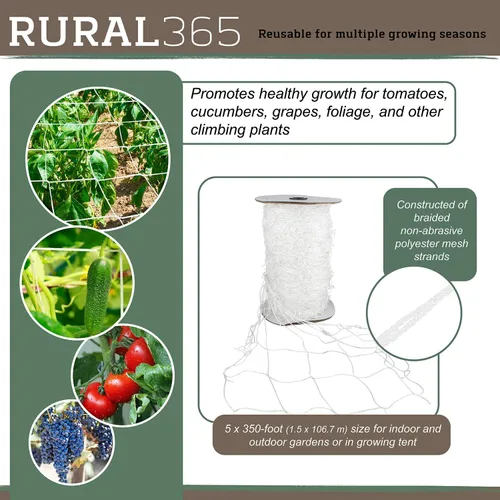 Vista 5 de Rural365 Red de enrejado de malla para plantas, rollo de 5 x 350 pies, soporte de cultivo de frijoles, guisantes, plantas trepadoras, red de jardín