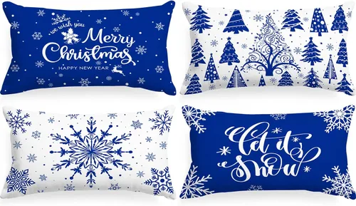 Vista 18 de Lanpn Fundas de Cojín Lumbar Navideñas de 12x20, 4 piezas, Blanco y Negro Feliz Navidad Xmas Invierno Copo de Nieve Fundas de Almohada de Cojín
